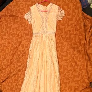 light pink long flowy lace dress